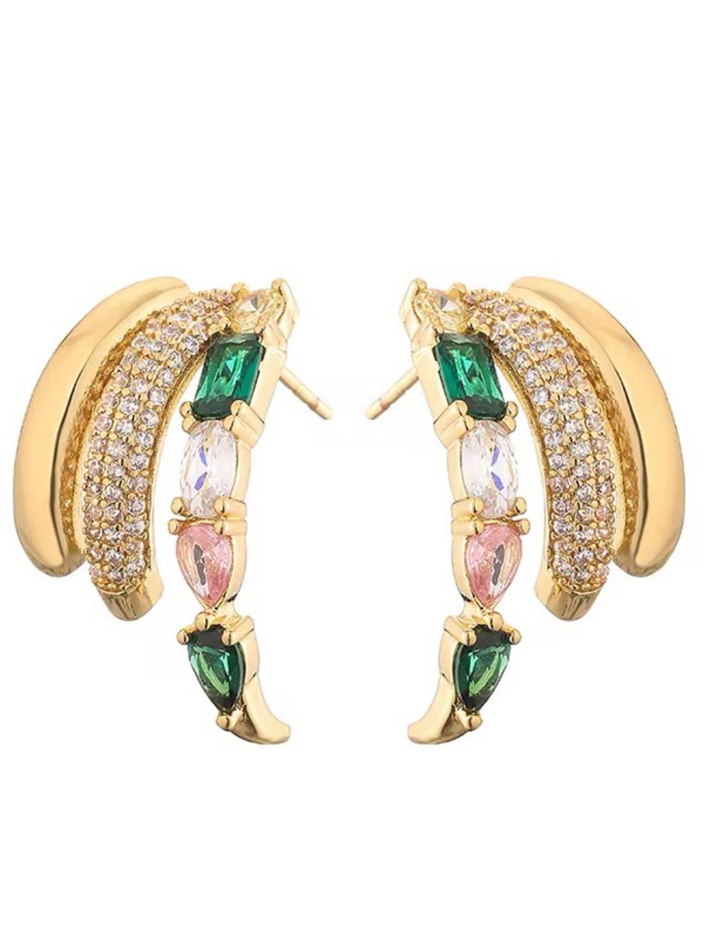 Gold Plated Hoop Earrings with Green and Pink Crystals